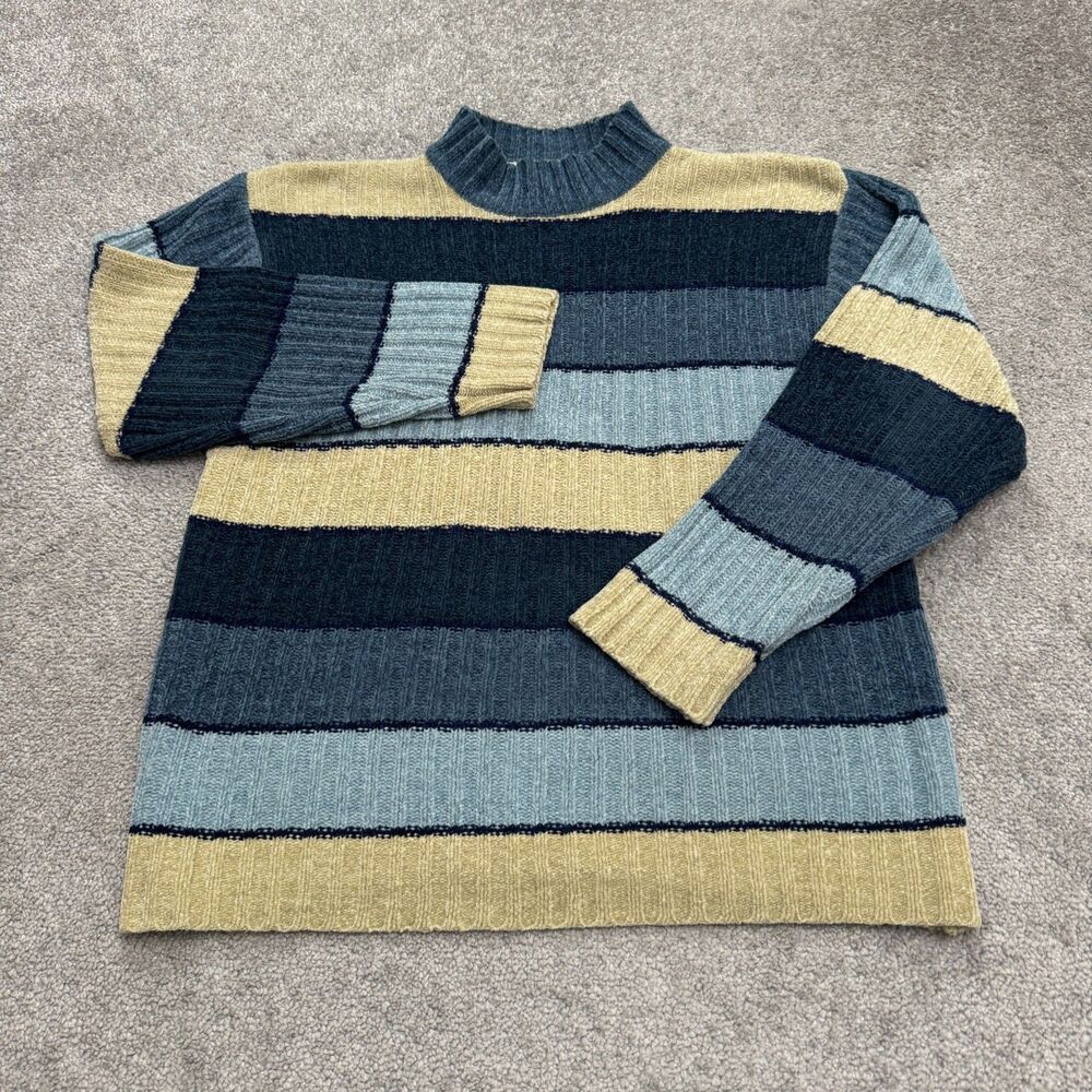 Ms. Priority Vintage Acrylic Pullover Sweater Womens Medium Blue Tan Stripe Mock